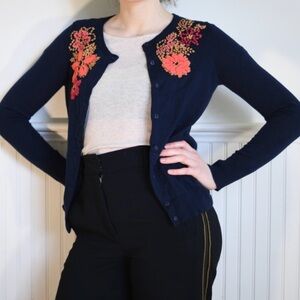 Anthropologie Tabitha Navy embroidered cardigan.  Pre-worn VG condition. Sz L